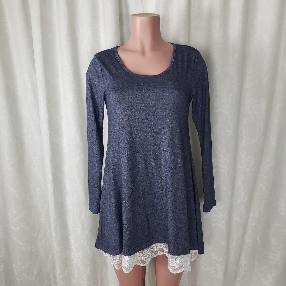 Qixing Womens Shift Dress Blue Lace Hem Above Knee